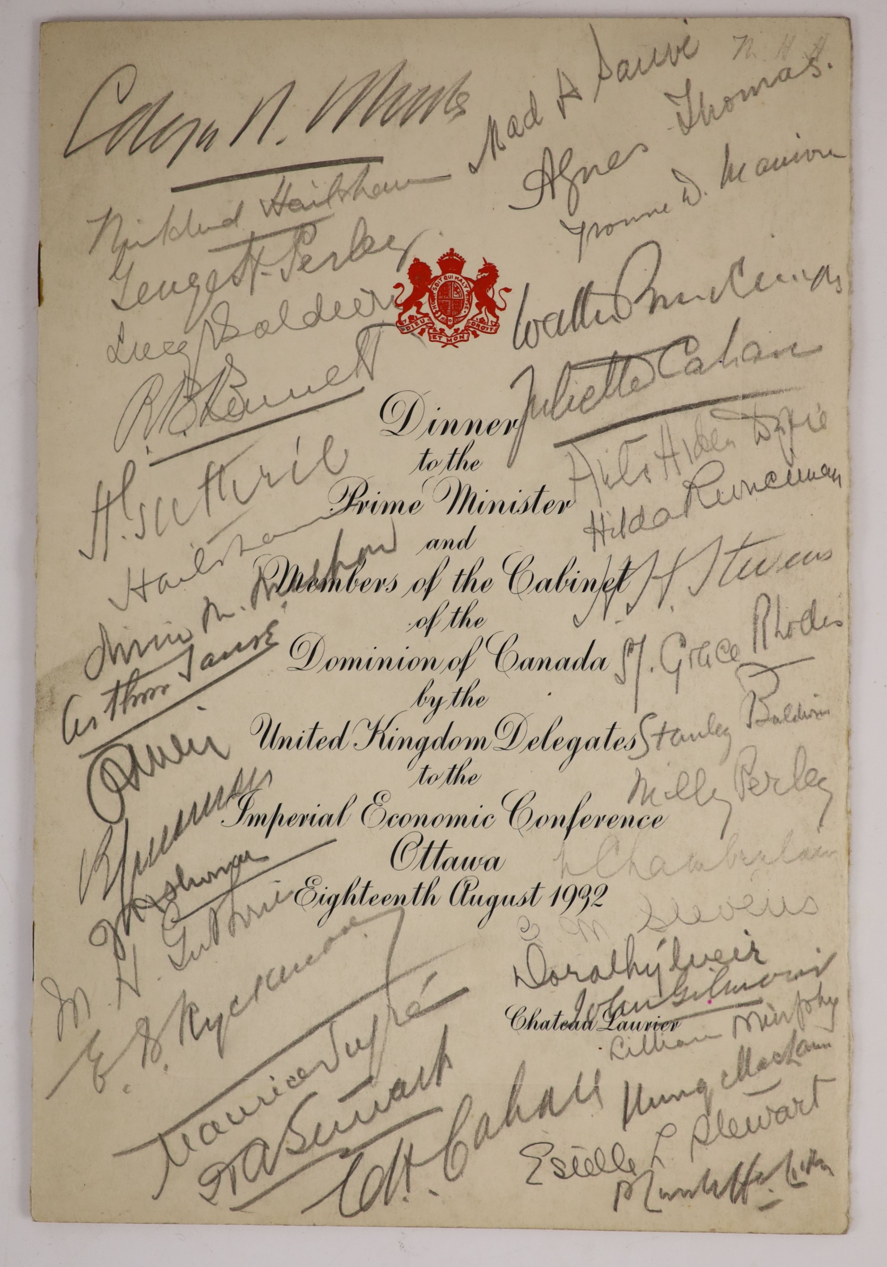The Canadian Pacific RMS Empress of Britain menu card for a luncheon held on board, on Monday, July 18th, 1932, signed by 27 guests, including, Neville Chamberlain, Stanley and Lucy Baldwin, Lord Hailsham, John Gilmour,